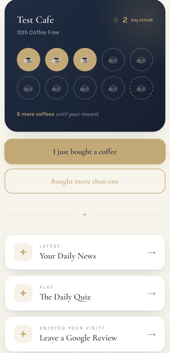 A real News + Brews loyalty card on a customer's phone, showing stamp progress toward a free coffee